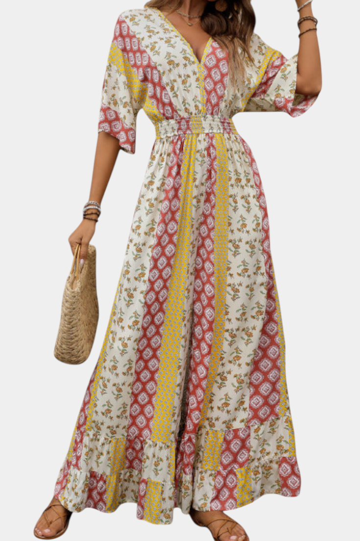Bohemian Floral V-Neck Smocked Waist Maxi Dress