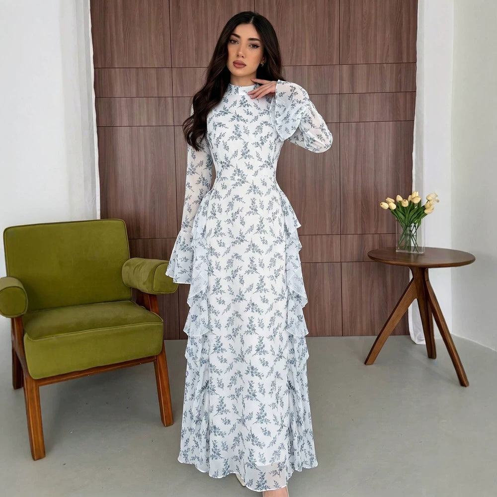 Women Full Printed Lace up Elegant Tight Waist Party Travel Maxi Dress