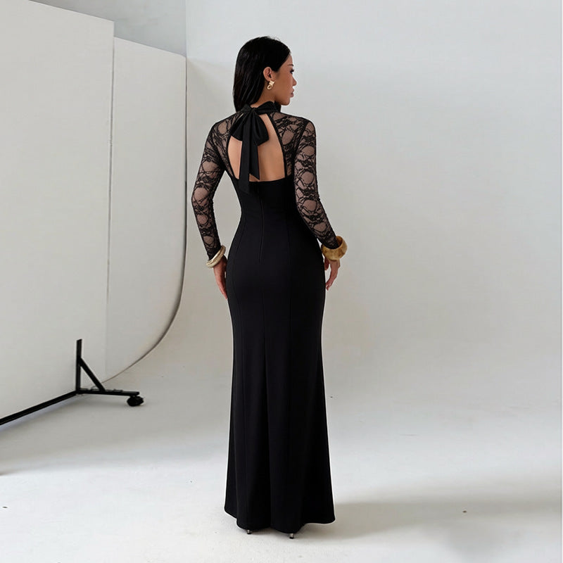 Sexy Half Turtleneck Lace Long Sleeve Dress Hollow Out Cutout out Stitching Slim Fit Sheath Maxi Dress