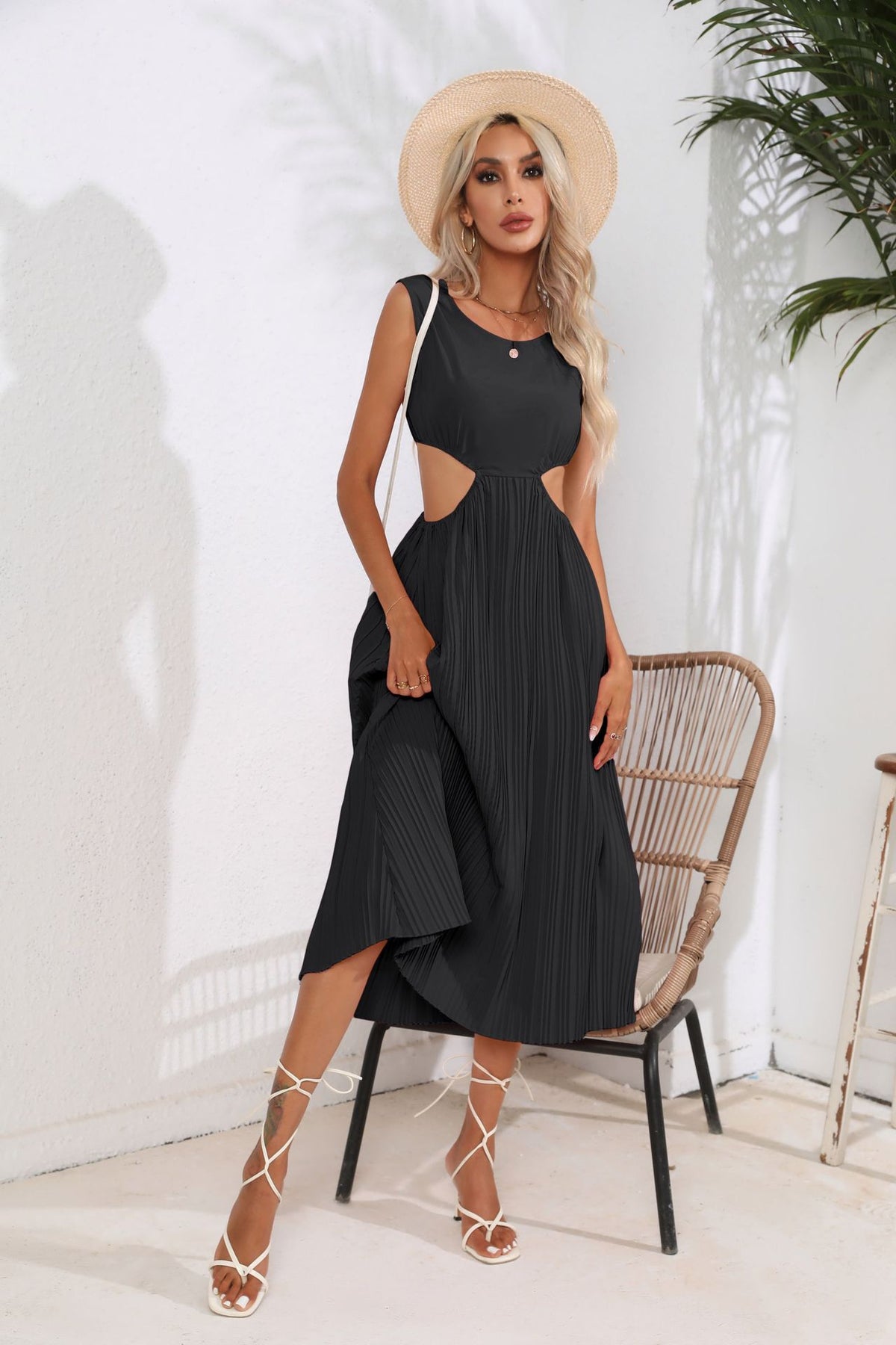 Pleated Round Neck Sleeveless Side Cut Out A-Line Midi Dress
