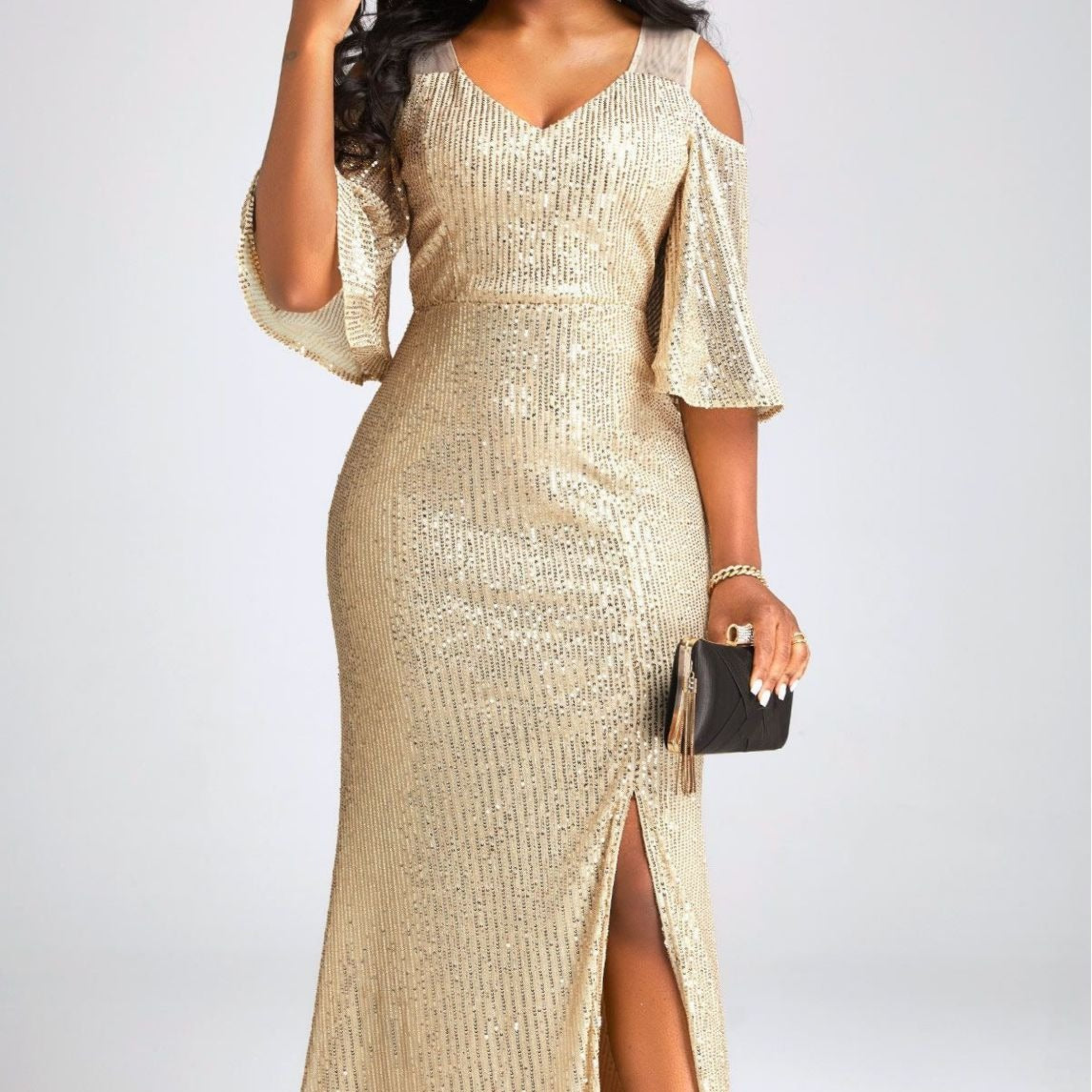 Sequin V-Neck Cold Shoulder Flutter Sleeve High Split Maxi Dress
