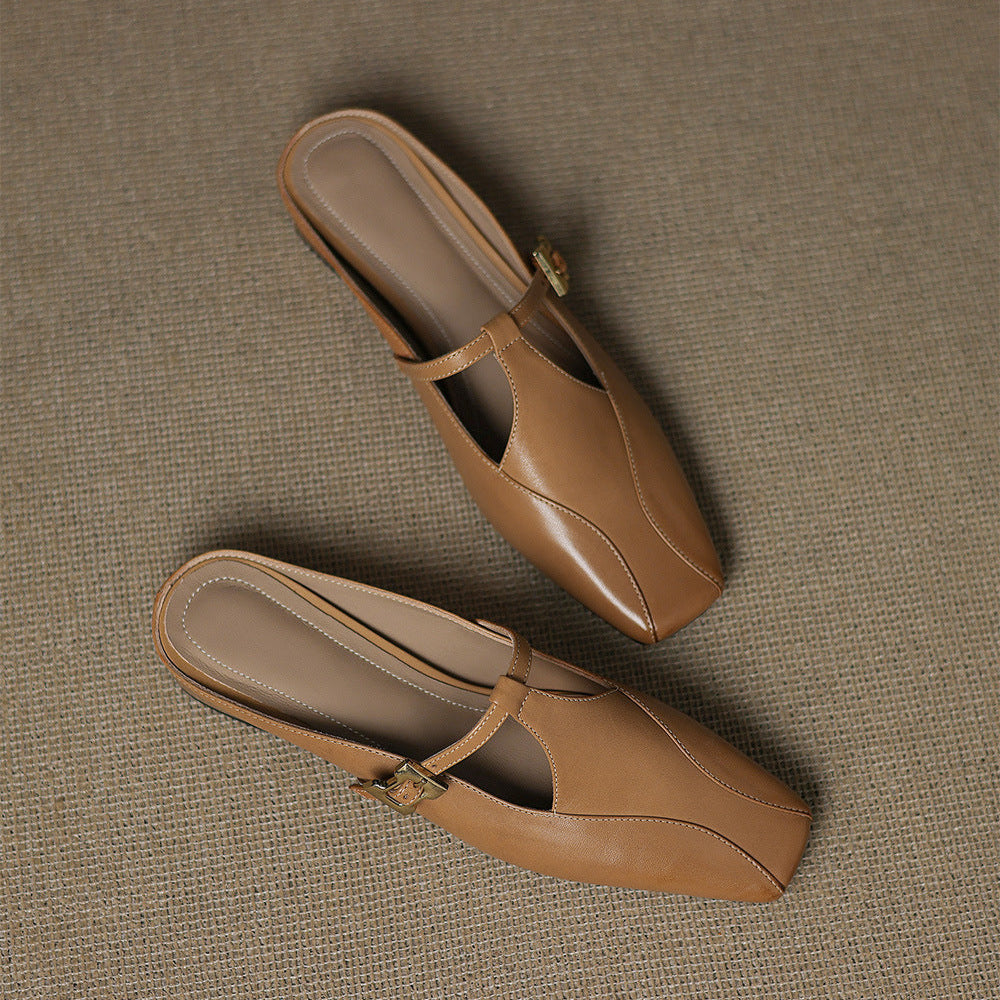 Square Toe Buckle Strap Cut Out Block Heel Mules