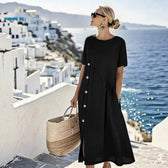 Crew Neck Short Sleeve Side Button Linen Midi Dress Summer 2