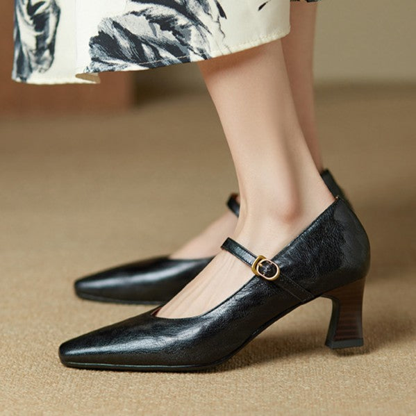 Buckle Strap Square Toe Block Heel Mary Jane Pumps