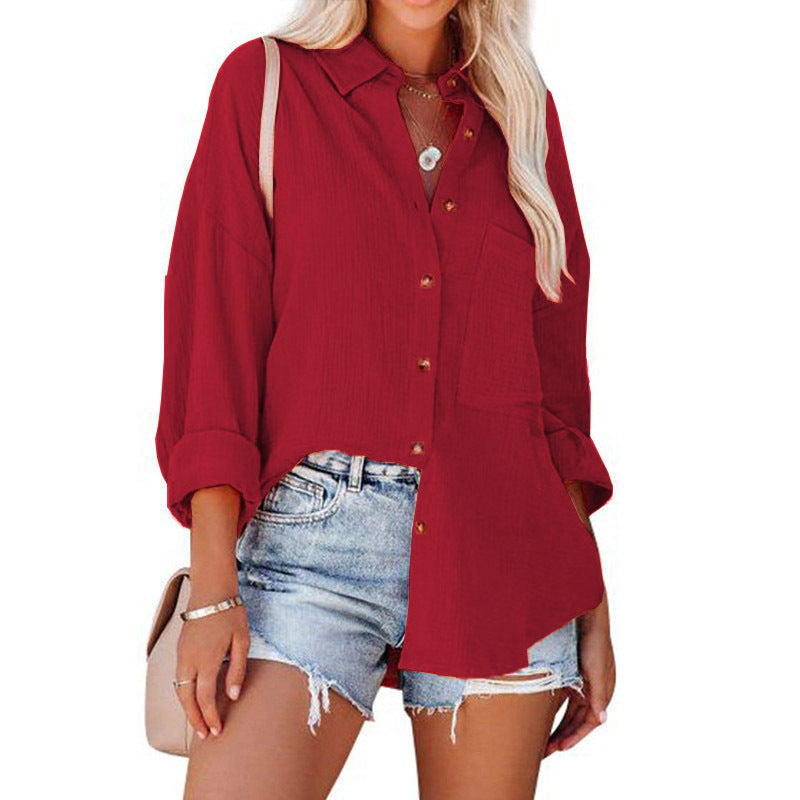 Collared Long Sleeve Button Down Textured Pocket Shirt
