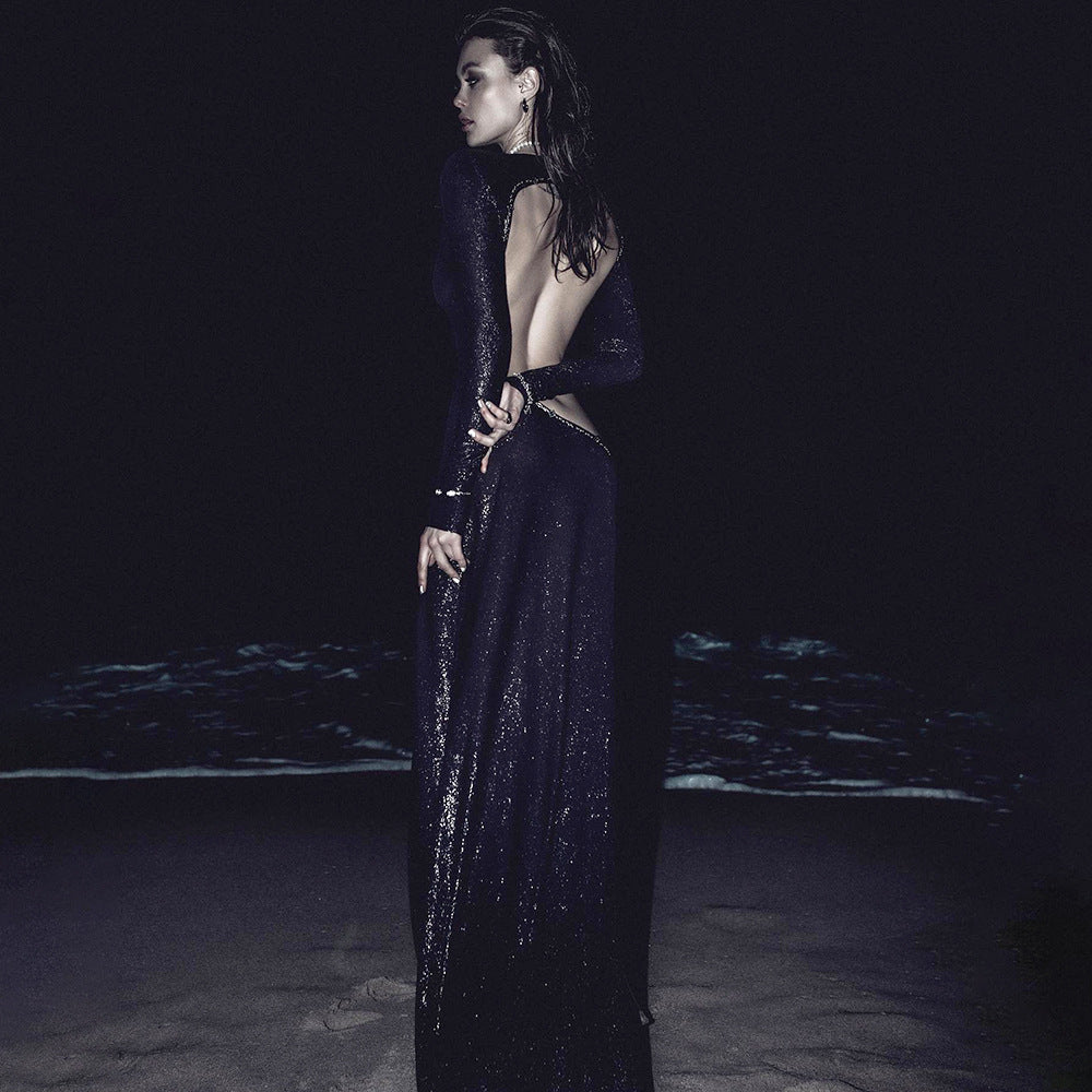 Sequin Long Sleeve Open Back High Split Evening Gown with Train 4