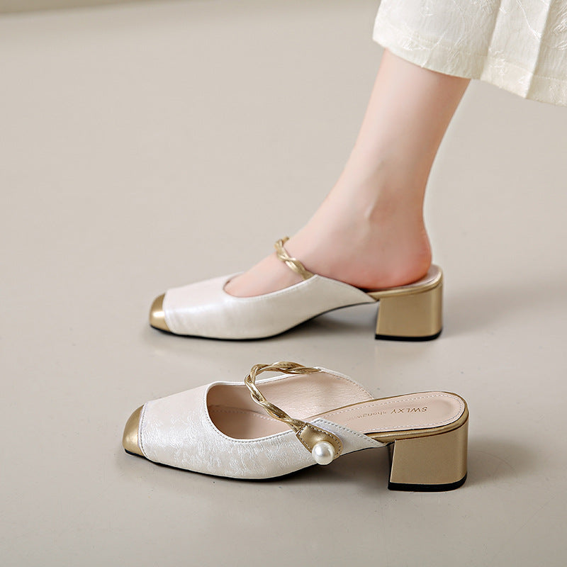 Square Toe Pearl Strap Block Heel Mules