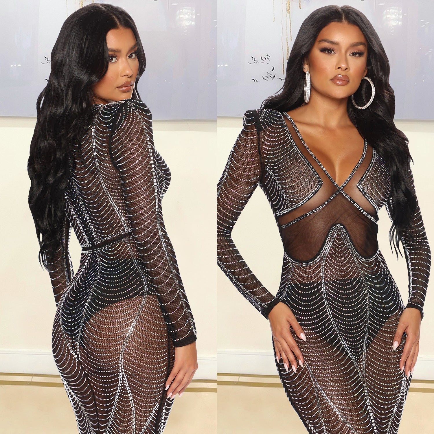 Magaly Aesthetic Women's Evening Dress Made of Mesh with Rhinestone Decorations Designer Edit