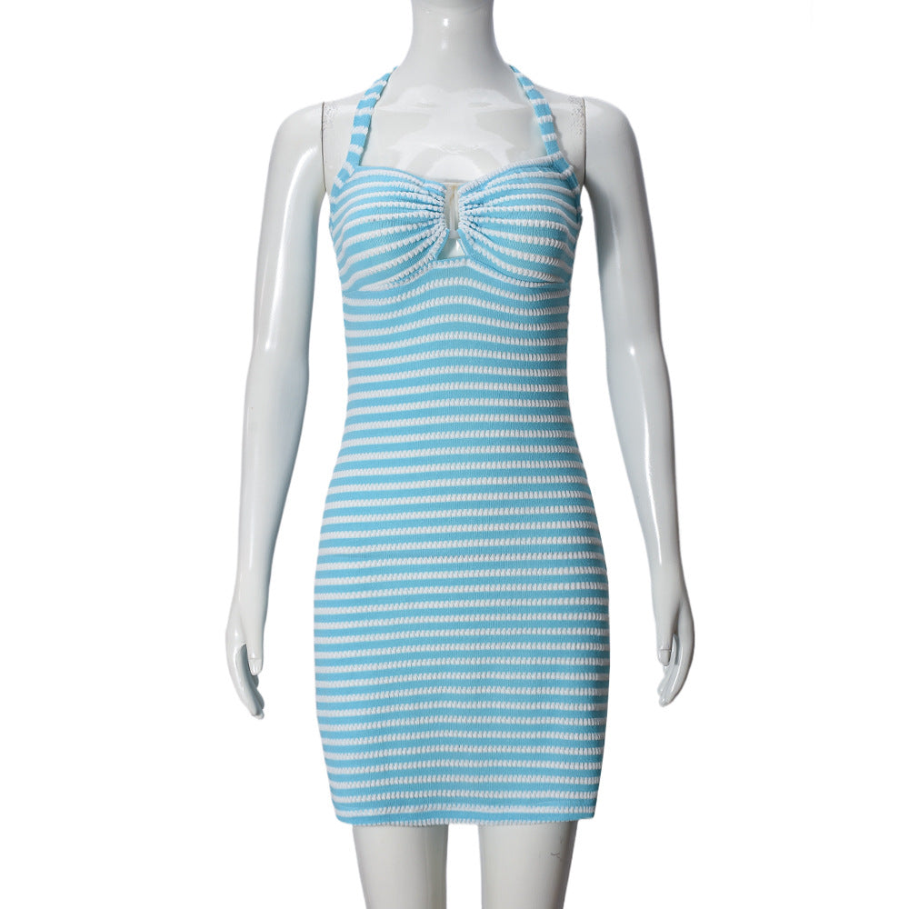 Striped Textured Knit Halter Neck O-Ring Front Bodycon Mini Dress 5