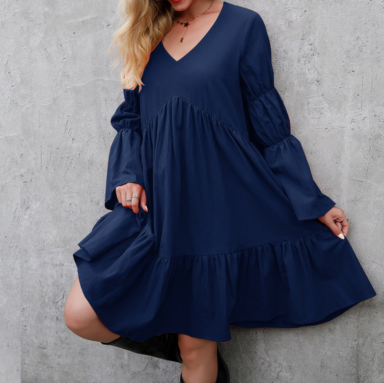 Swintager Autumn Bohemian Loose Dress Ruffled Long Sleeve Midi Dress for Women