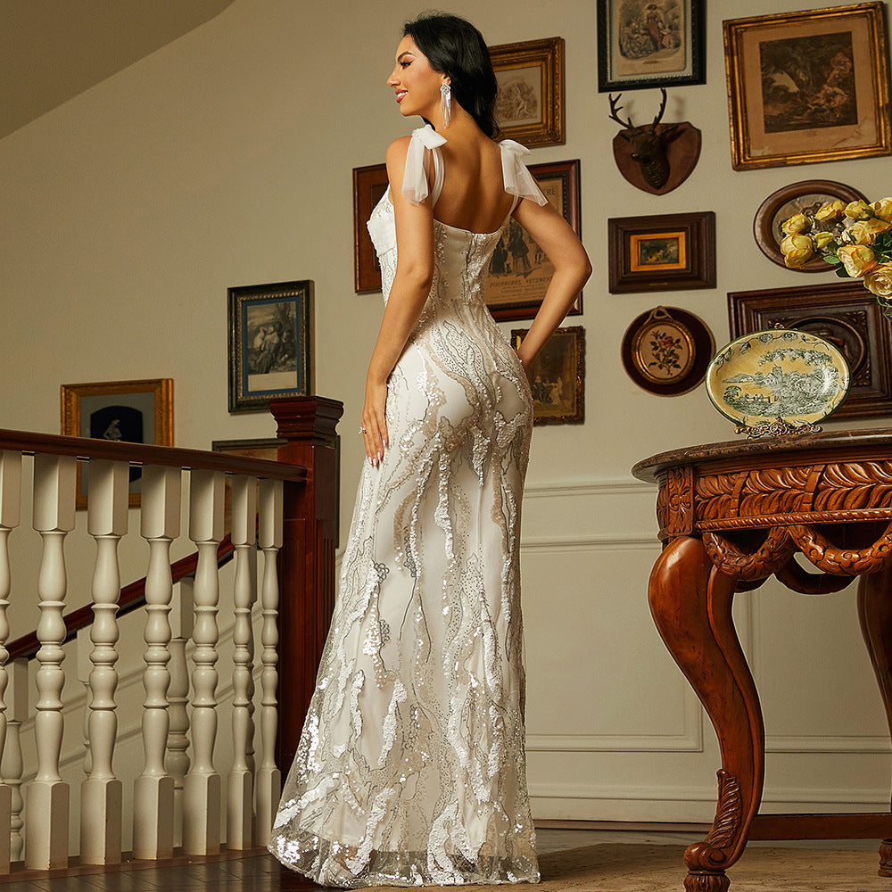 Sequin Tie Strap Sweetheart Mermaid Maxi Evening Dress