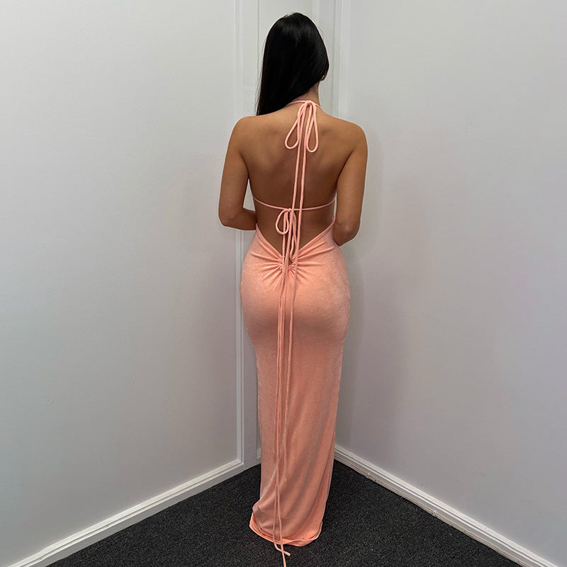 Halter Neck Ruched Drawstring Front Backless Bodycon Maxi Dress 7