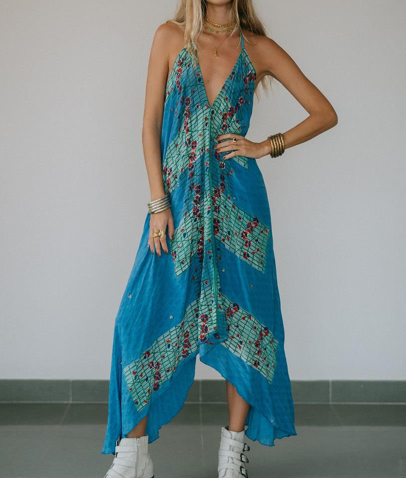 Tie Dye Deep V-Neck Sleeveless Backless Asymmetric Hem Midi Dress 5