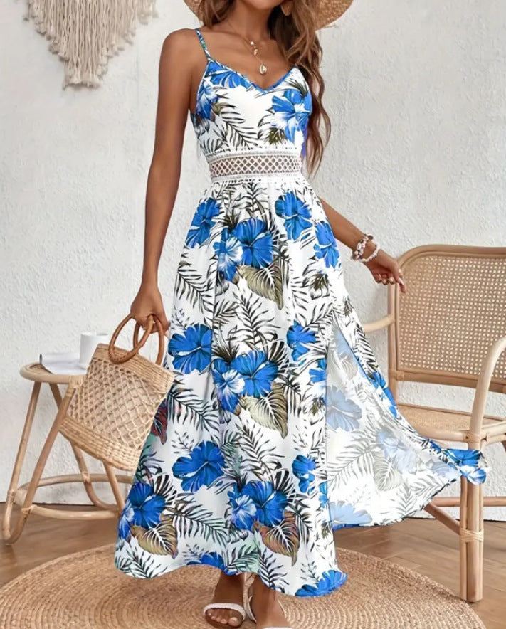 Floral Spaghetti Strap Cut Out High Split Maxi Dress 9