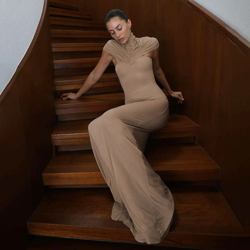 Mock Neck Short Sleeve Ruched Bodice Bodycon Maxi Dress 4