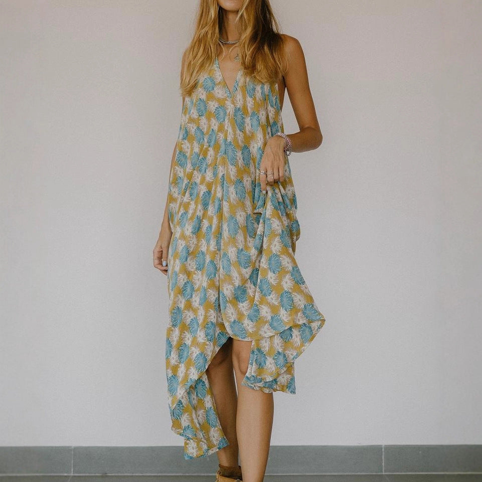 Tie Dye Deep V-Neck Sleeveless Backless Asymmetric Hem Midi Dress 3