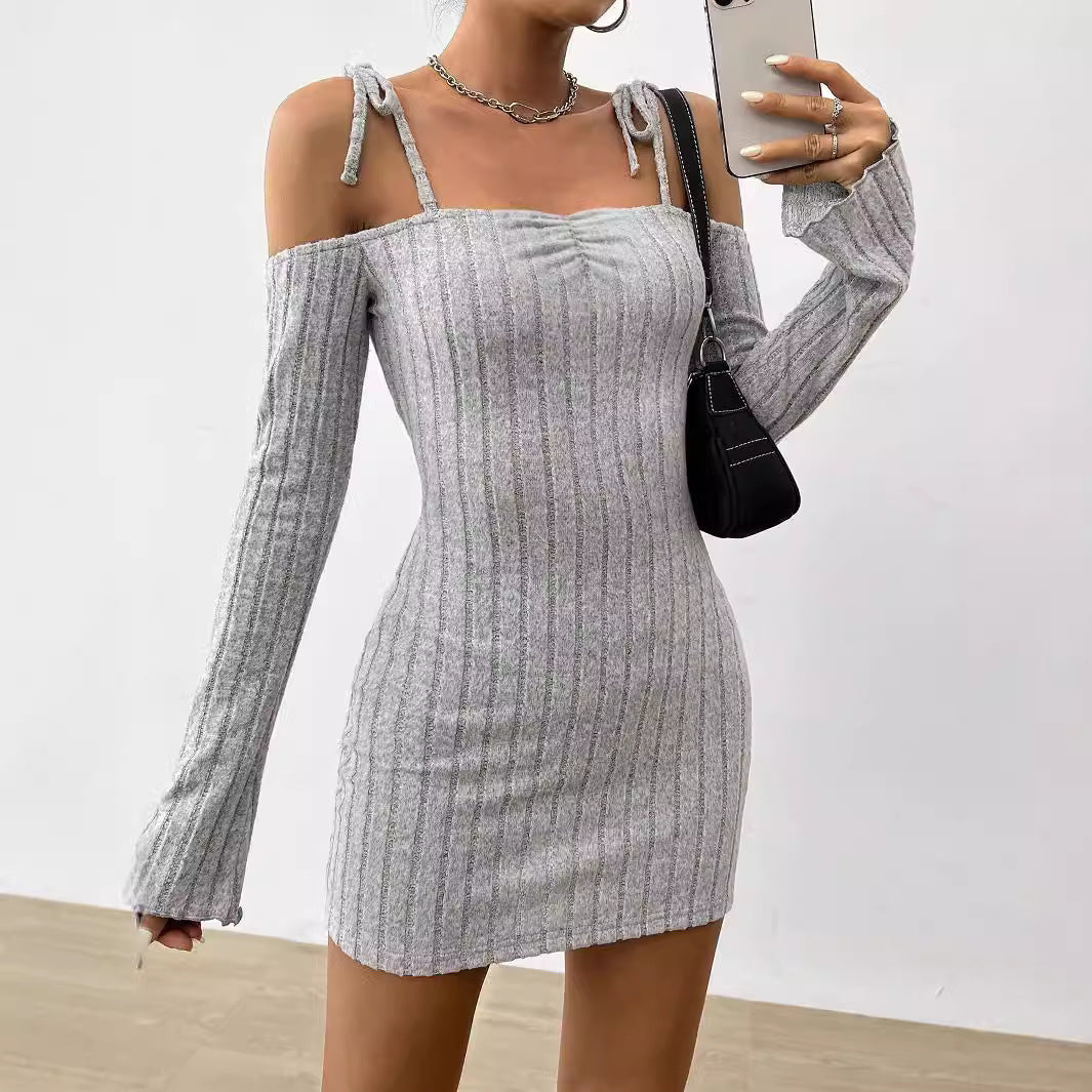 Ribbed Knit Cold Shoulder Tie Strap Long Sleeve Bodycon Mini Dress