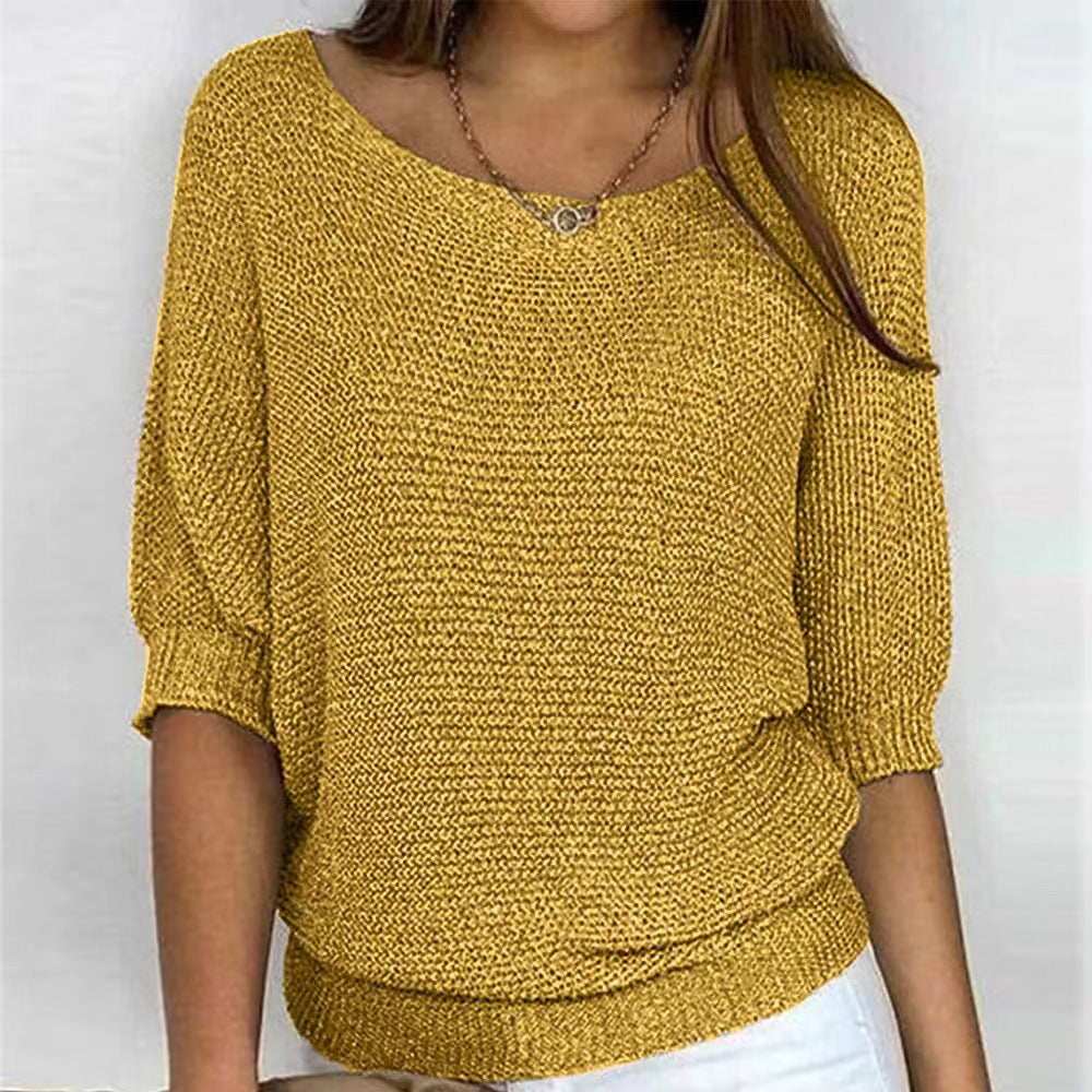 Boat Neck Short Sleeve Ribbed Hem Knit Sweater