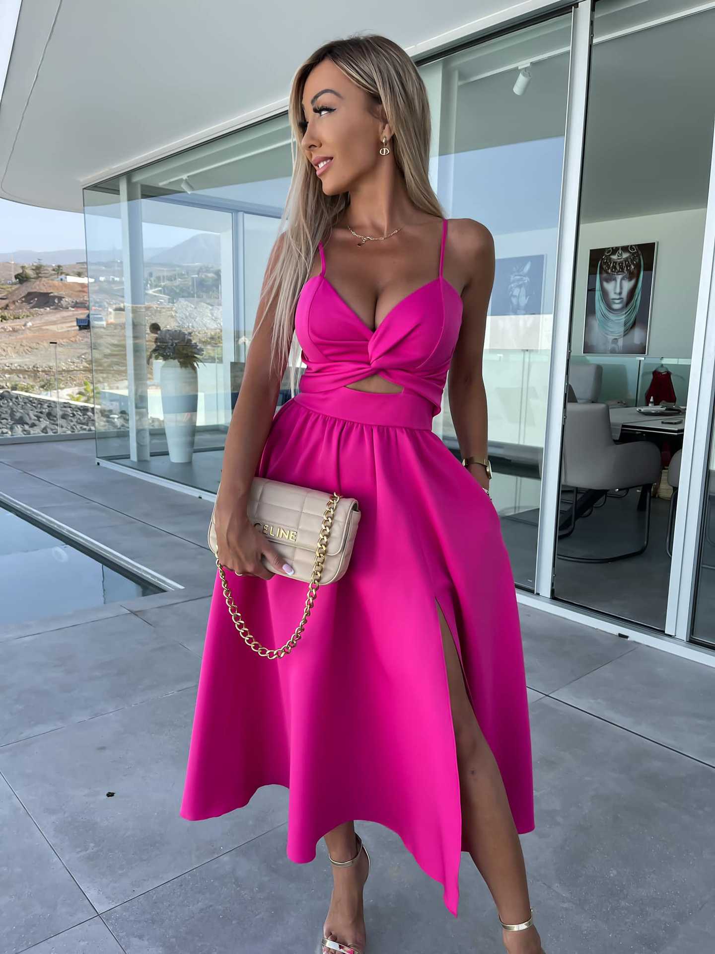 Spaghetti Strap V-Neck Twist Bust Cut Out High Split A-Line Maxi Dress