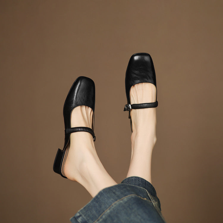 Square Toe Buckle Strap Mary Jane Mules