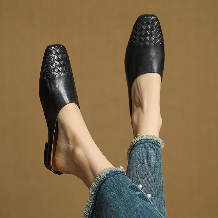 Woven Square Toe Flat Mules