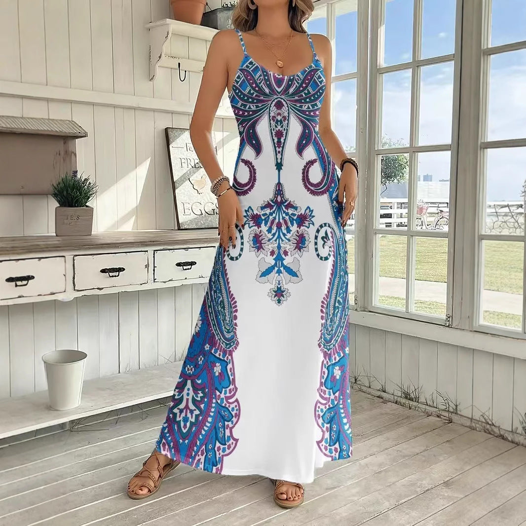 Spring Women Dress V neck Sleeveless Jumpsuit Printing