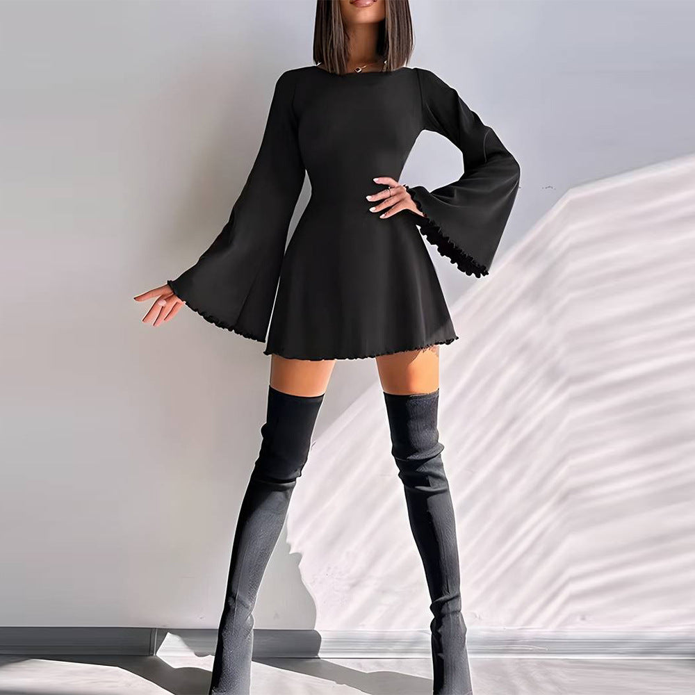 Round Neck Bell Sleeve Lettuce Trim Hem Fit and Flare Mini Dress