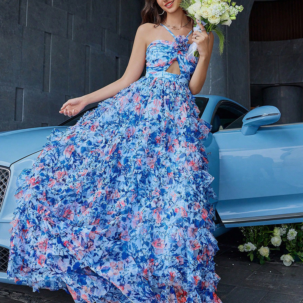 Summer Sexy Dress Halterneck Printed Butterfly Hollow Out Cutout Vacation Large Swing Dress Organza
