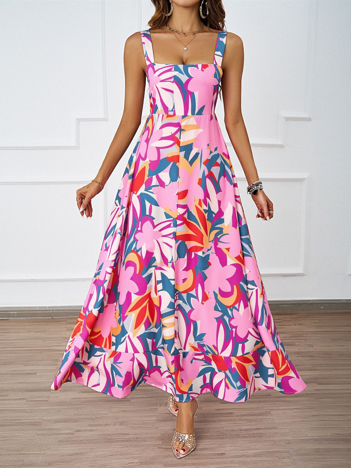 Abstract Floral Print Square Neck Wide Strap A-Line Maxi Dress 3