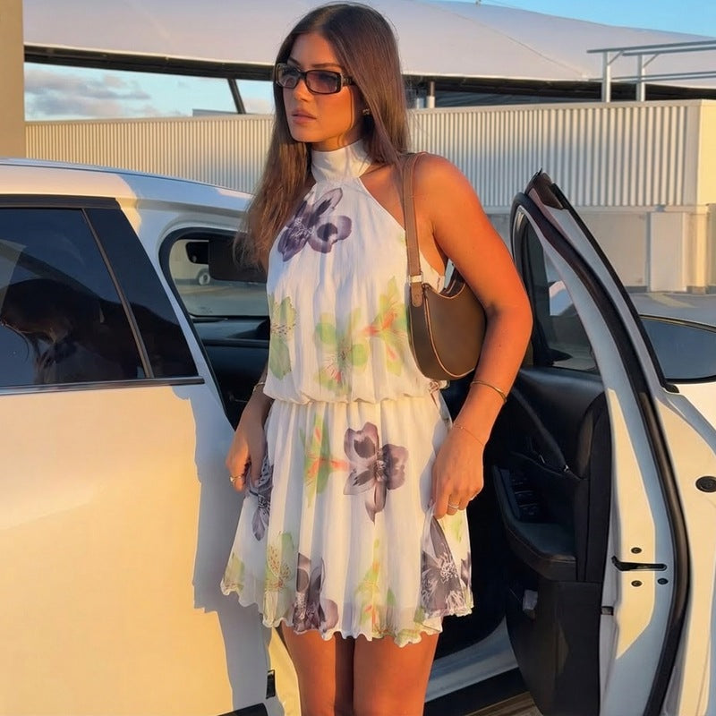 Floral Print Halter Neck Sleeveless Elastic Waist Lettuce Hem Mini Dress 2