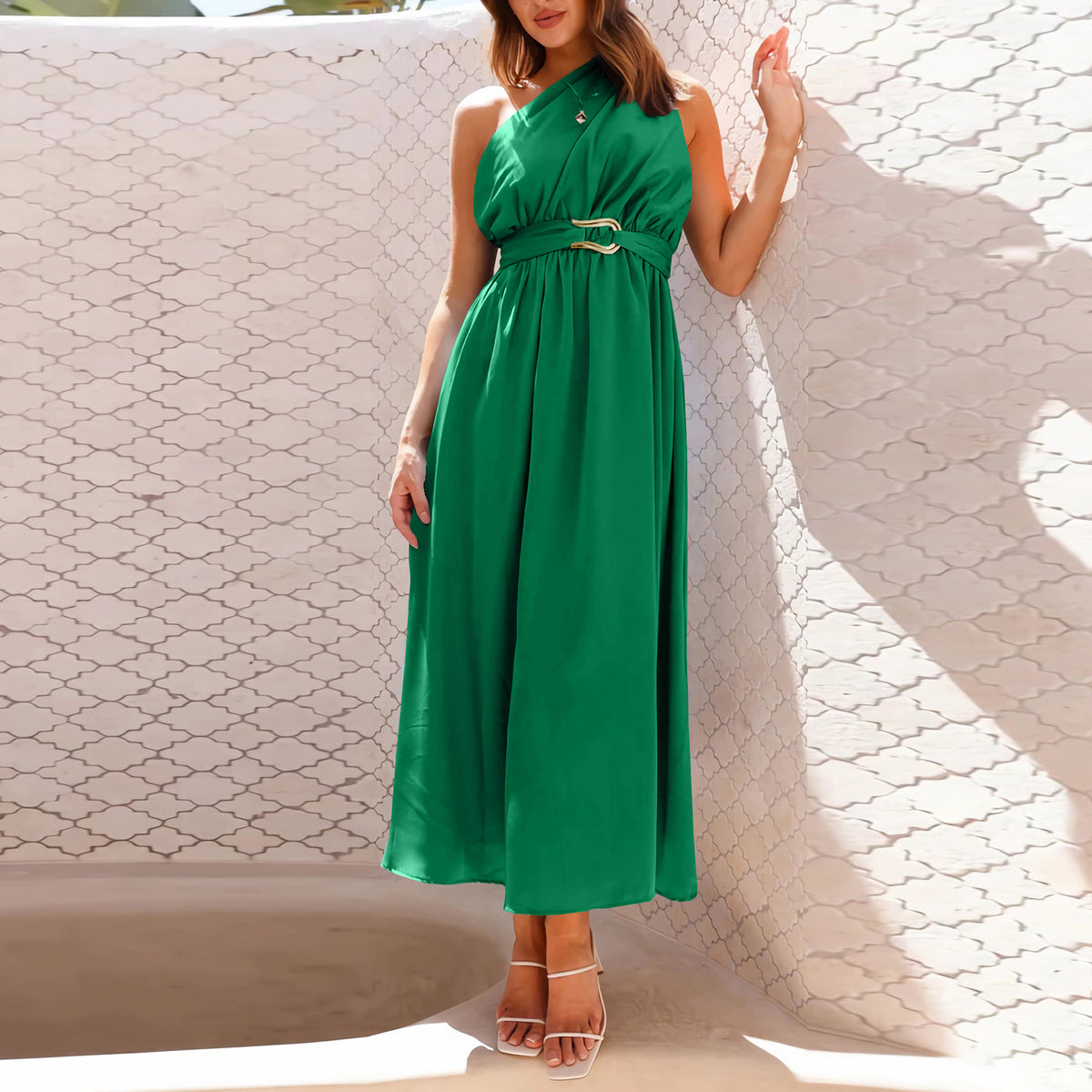 One Shoulder Sleeveless Buckle Waist Pleated Maxi Dress 4