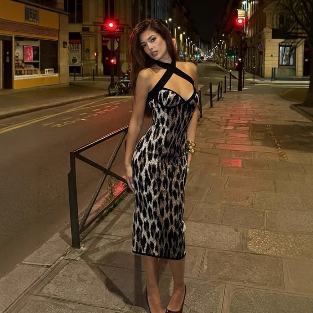 Leopard Print Knit Crisscross Halter Neck Bodycon Midi Dress