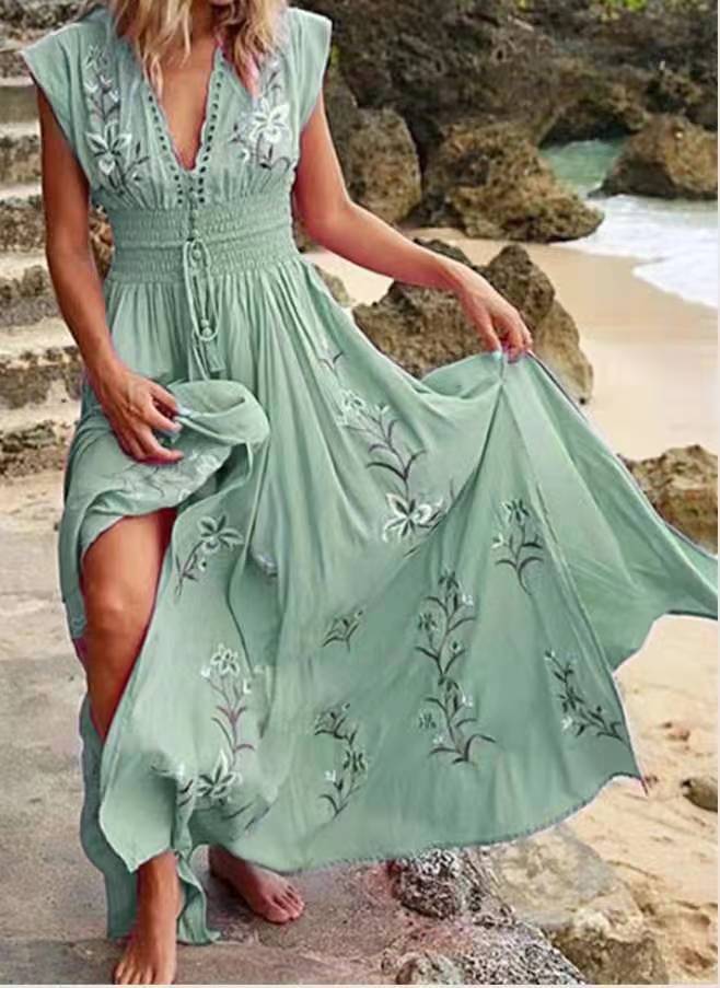 Floral Embroidered Deep V-Neck Smocked Waist Maxi Dress 7