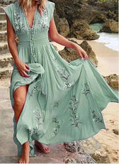 Floral Embroidered Deep V-Neck Smocked Waist Maxi Dress 7