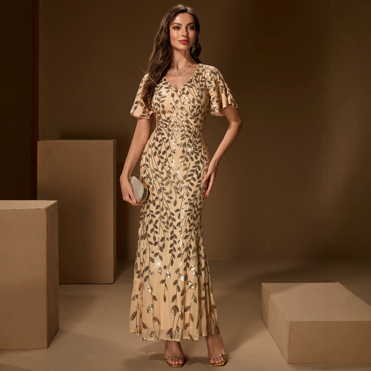 Autumn Winter Short Sleeve V neck Fully Lined Mesh Sequ Evening Dress Party Dress
