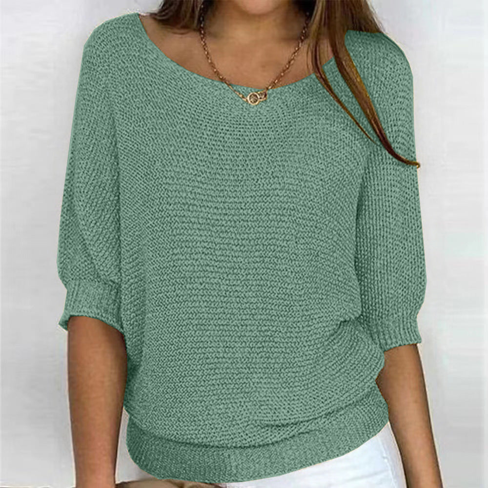 Boat Neck Short Sleeve Ribbed Hem Knit Sweater