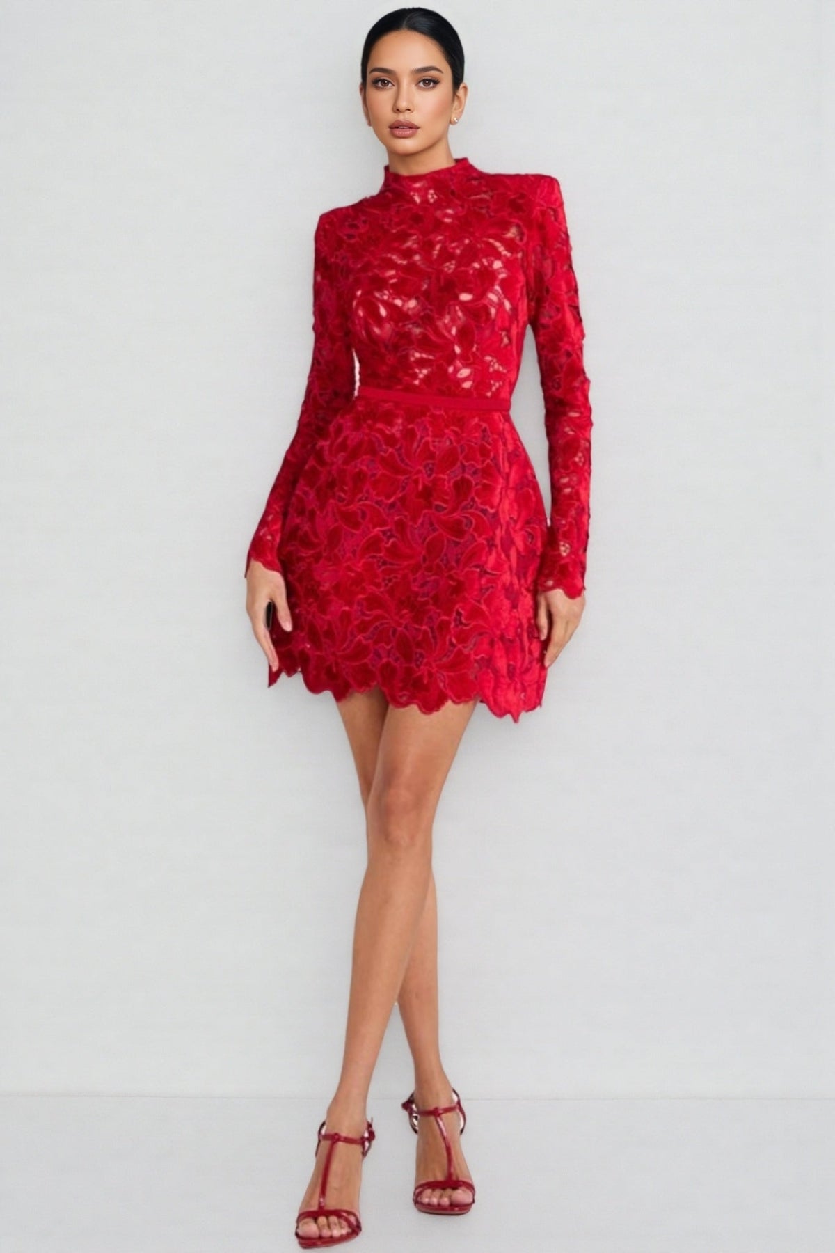 Mock Neck Long Sleeve Floral Cutwork Lace Scalloped Hem Mini Dress 3