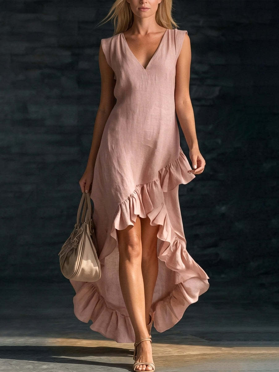V-Neck Sleeveless Ruffle High Low Maxi Dress 6
