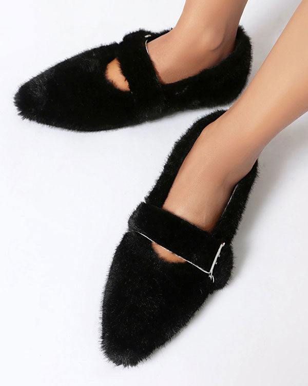 Candy Plush Pointed toe Buckle Flat Shoes