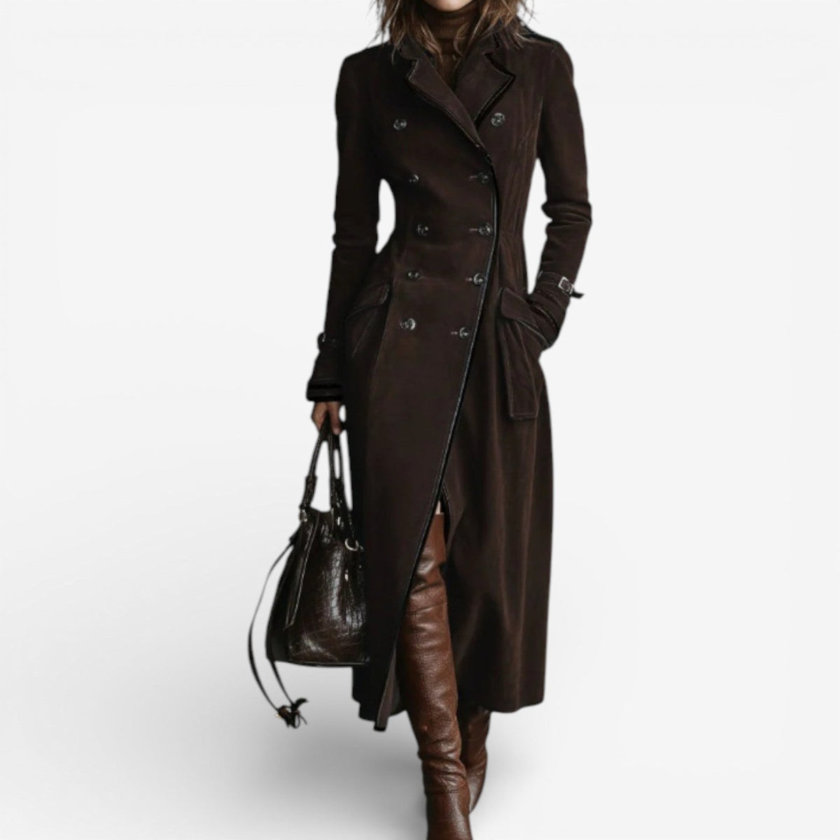 Double Breasted Suede Look Longline Trench Coat