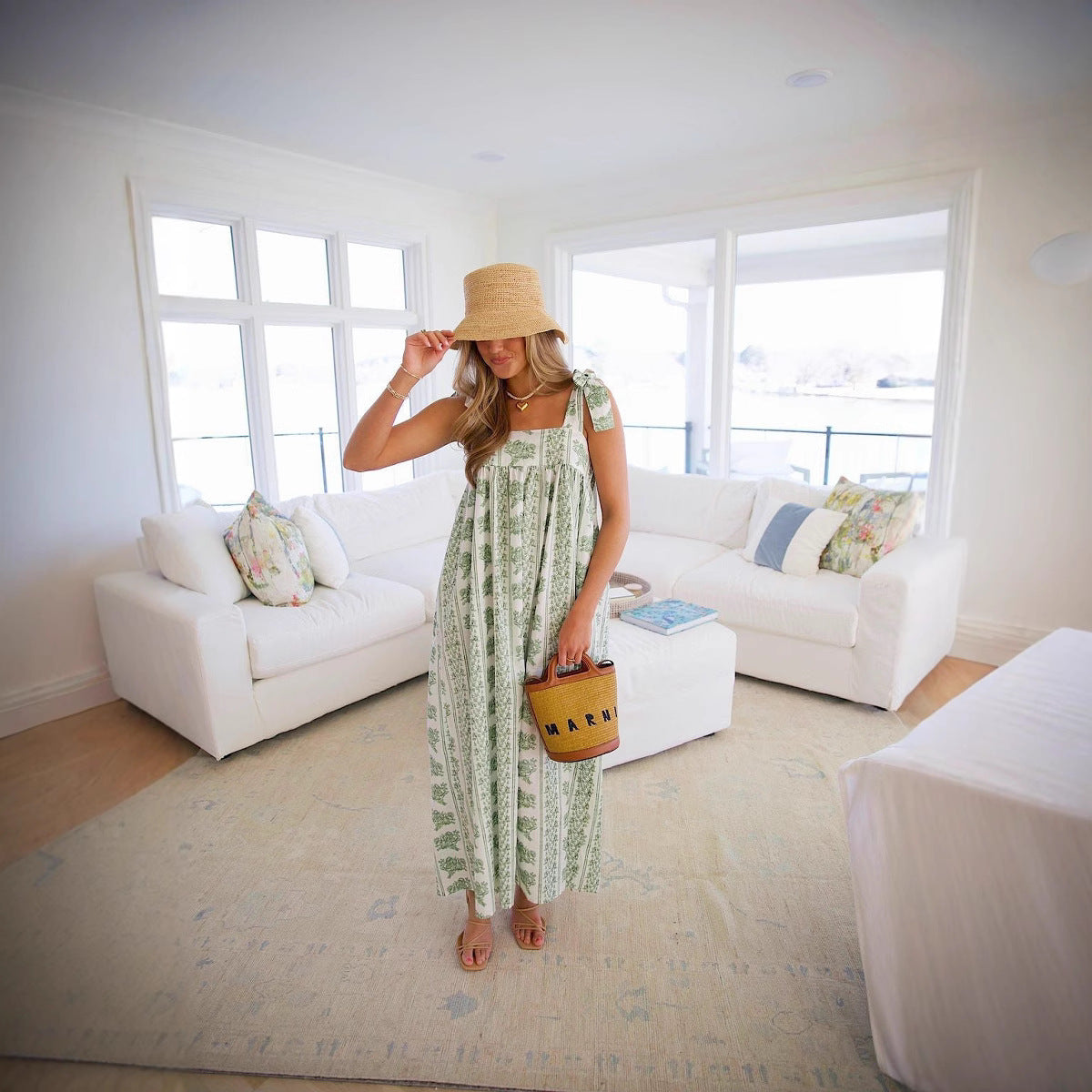Floral Print Square Neck Tie Shoulder Strap Smocked Back Maxi Dress