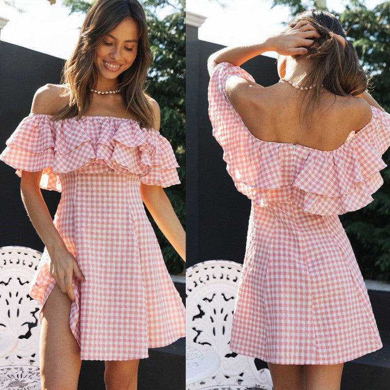 Gingham Off Shoulder Tiered Ruffle Fit and Flare Mini Dress 4