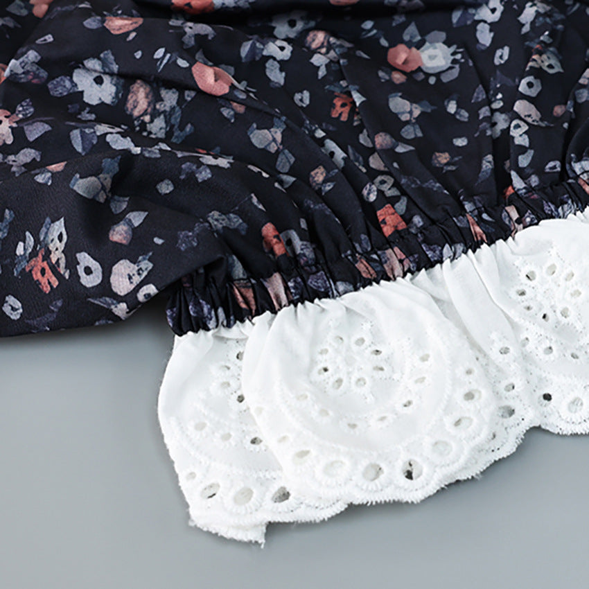 Floral Square Neck Puff Sleeve Lace Trim Mini Dress 6