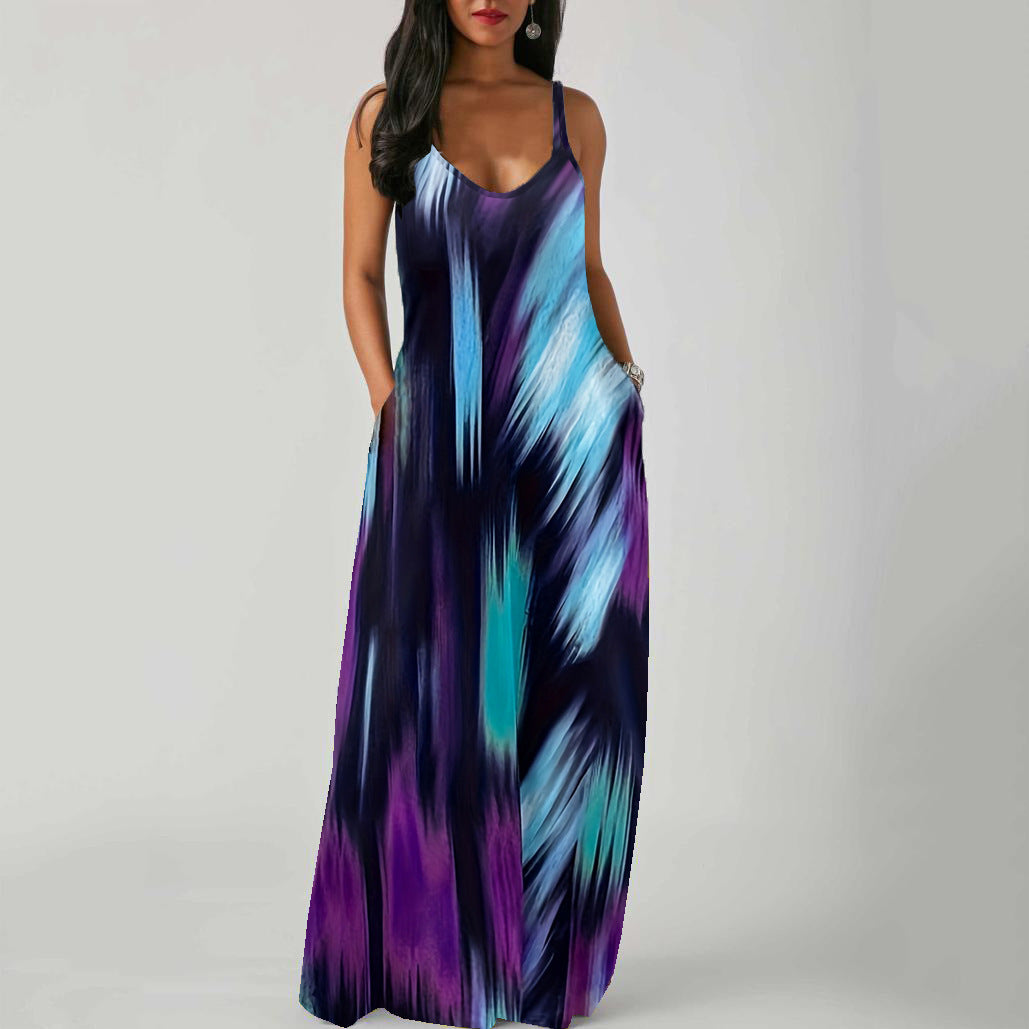 V-Neck Spaghetti Strap Ombre Pocket Loose Maxi Dress 19