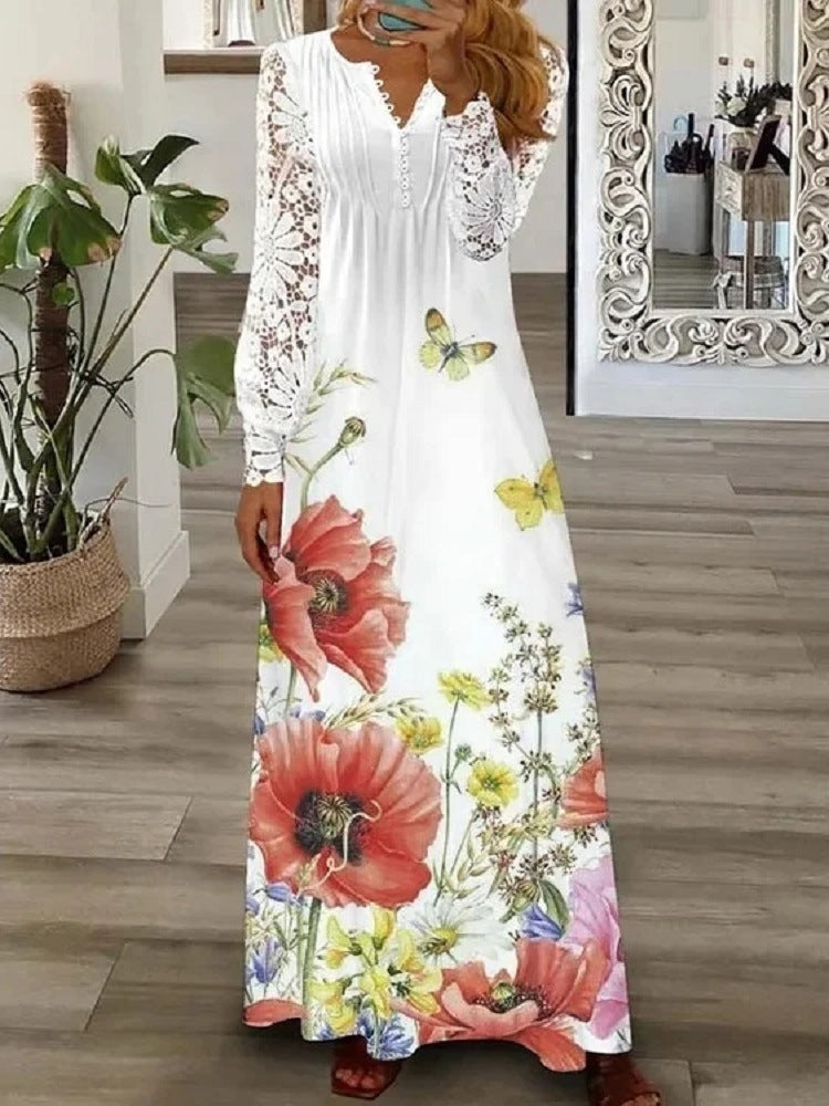 Lace Sleeve V-Neck Long Sleeve Pleated Maxi Dress 7
