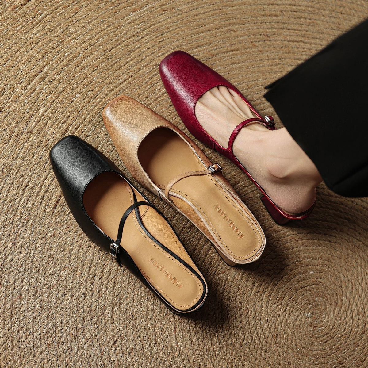 Square Toe Mary Jane Buckle Strap Block Heel Mules