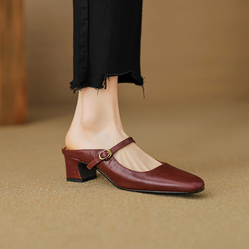 Square Toe Buckle Block Heel Mary Jane Mules