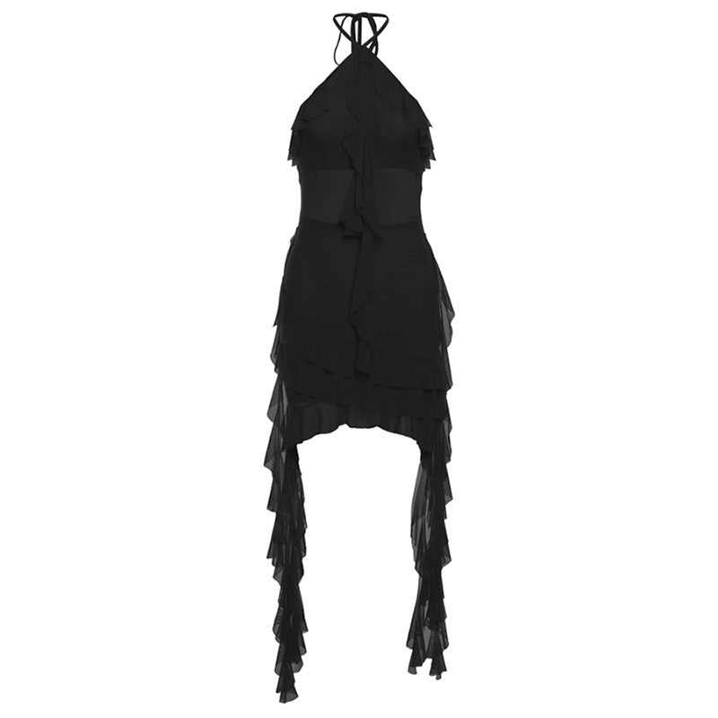 Mesh Halter Neck Ruffle Trim Asymmetric Layered Mini Dress 5