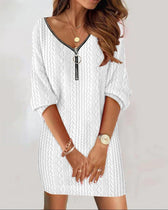 Cable Knit Zip V-Neck Long Sleeve Sweater Mini Dress 6