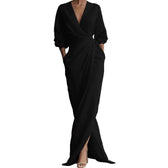 Deep V-Neck Long Sleeve Wrap Ruched High Split Maxi Dress 5